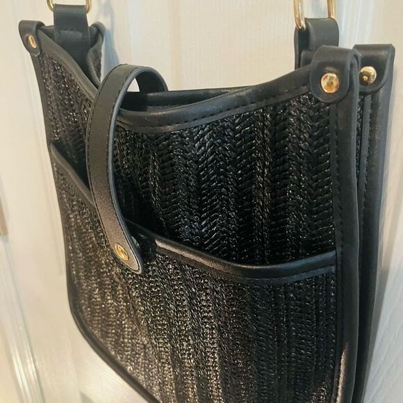 Rattan Woven Black Crossbody Bag with Gold Accents NWOT - Picture 3 of 12